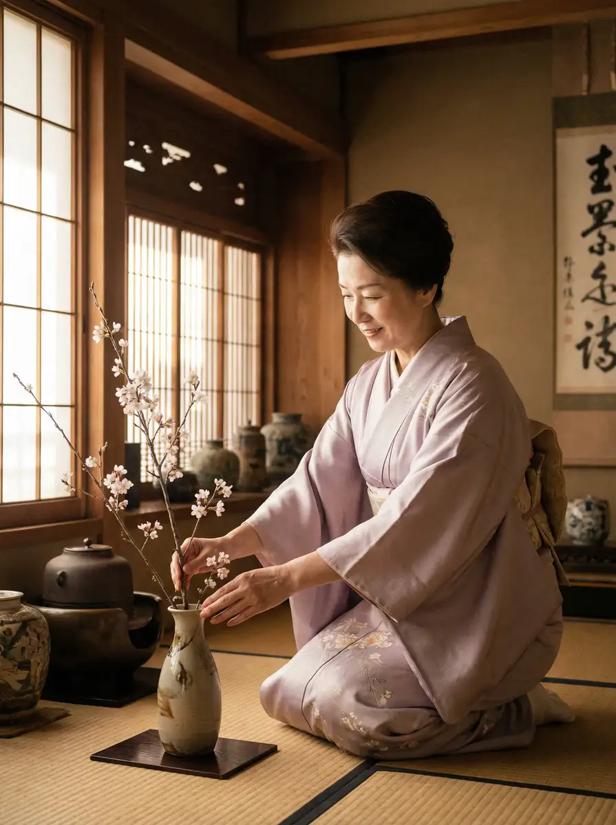 一位优雅的 小青茗 在和室中插花
